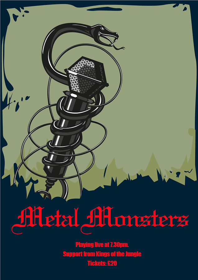 Font Rock music poster with microphone and snake. Tattoo style illustartion